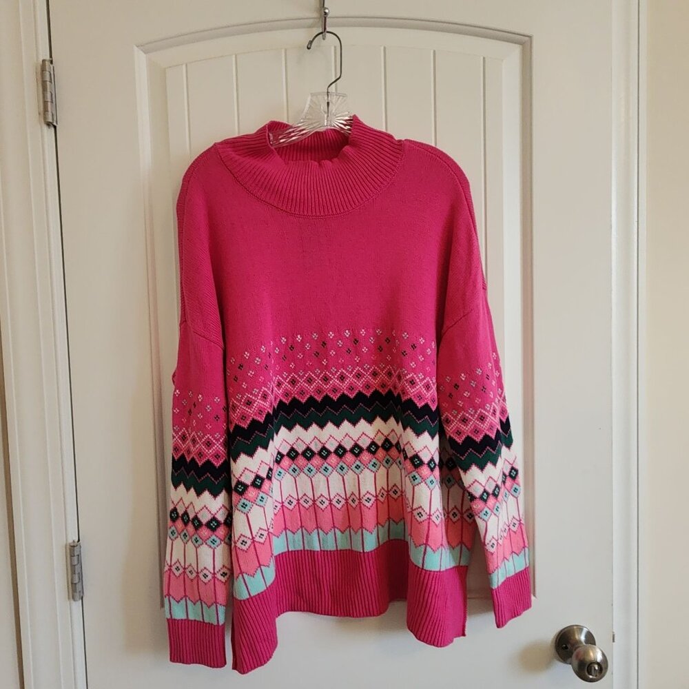 Crown & Ivy Pink Fair Isle Pattern Knit Sweater With Mock Neck Long Sleeves & Ri